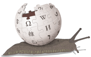 Schnecke, welche den Wikipedia-Puzzleglobus auf dem Rücken trägt